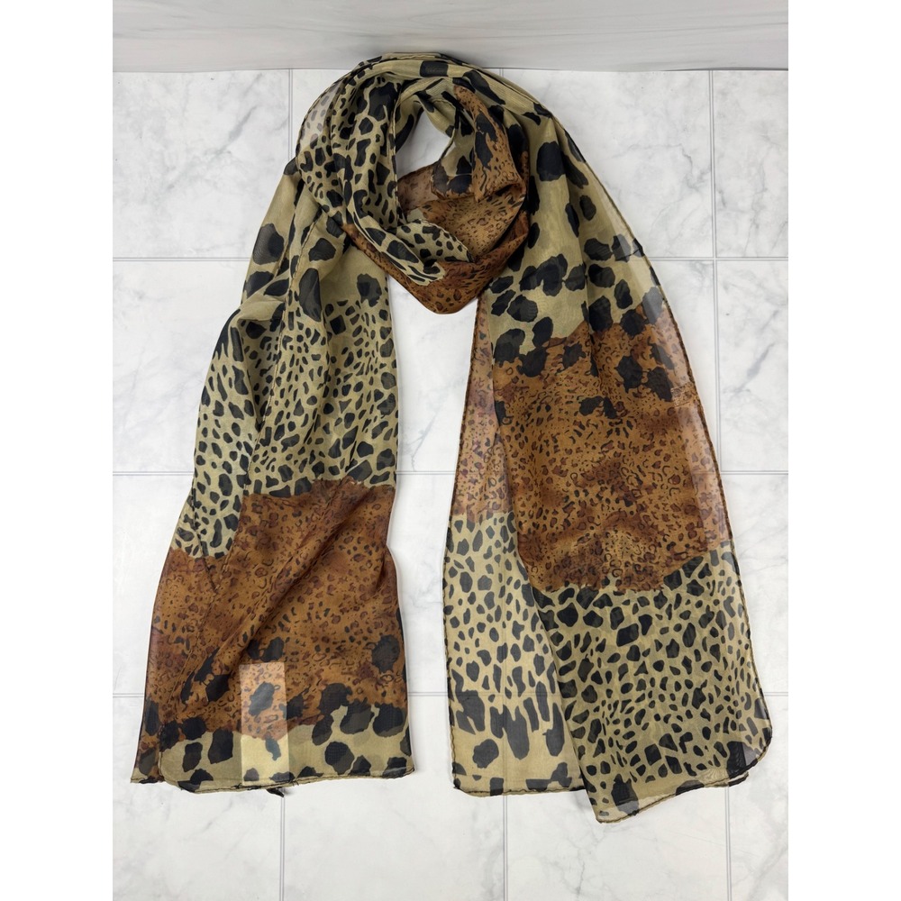 Lilly Pilly Animal Print Scarf Sheer Leopard Cheetah Patchwork Tan Brown 58x17